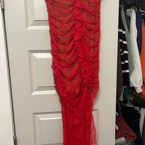 MAJORELLE Red Ruched Polka Dot Dress